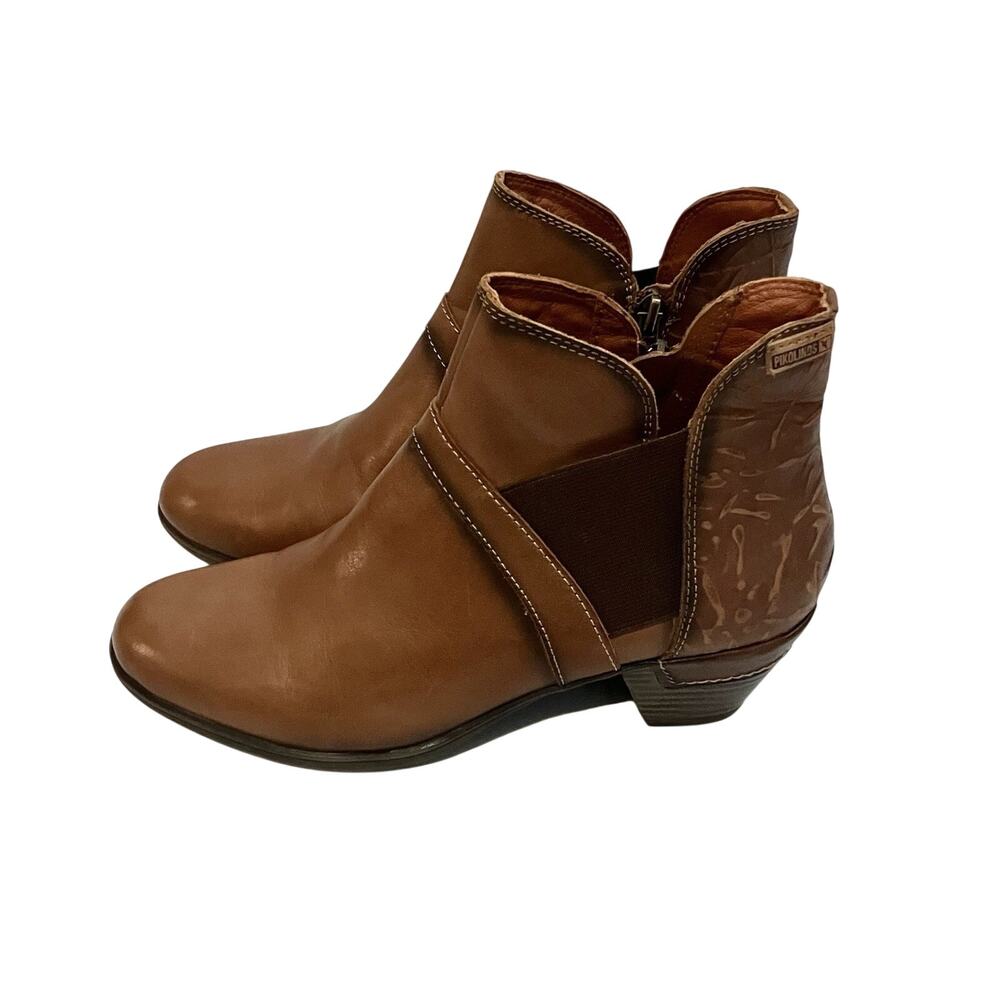 Leather Ankle Boot Brown Tooled Textured SZ 38 7.5- 8 Pikolinos Rotterdam Bootie